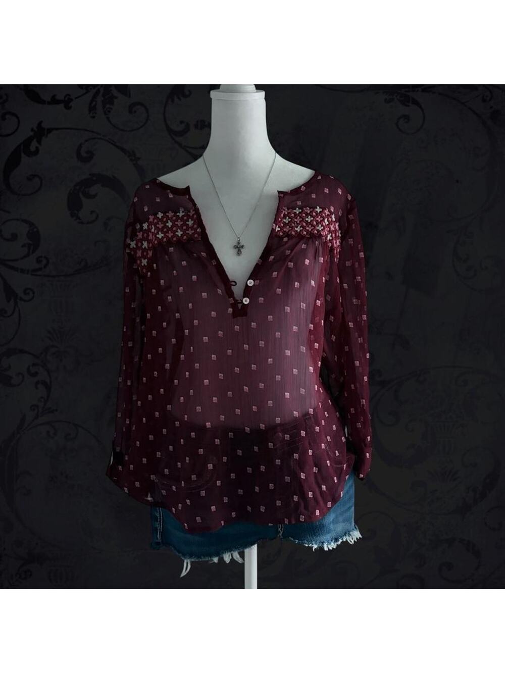 pink square dot embroidered floral sheer burgundy red blouse